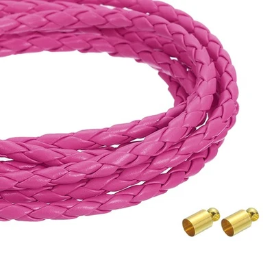 Cordons en cuir tressé 4 mm 5,46 yards, colliers ronds en cuir, rouge rose - Photo 1/4