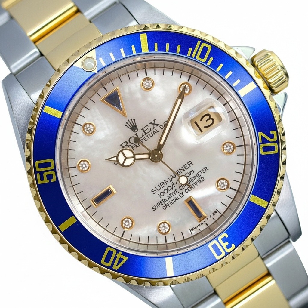 Rolex Mens Submariner 16613 Gold Steel Watch White MOP Diamond