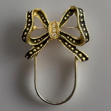 Gold Tone & Black Enamel Metal Bow Scarf Clip w/ Pin - 1.25 in Wide x 2 in Tall