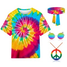 Hippie Costume For Men Women 4pcs Mens 60s 70s Outfit Set Colorful Hippie Shirt