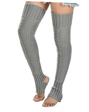 Women's Cable Knitted Thigh high Leg Warmers Extra Long One Size Grey-826