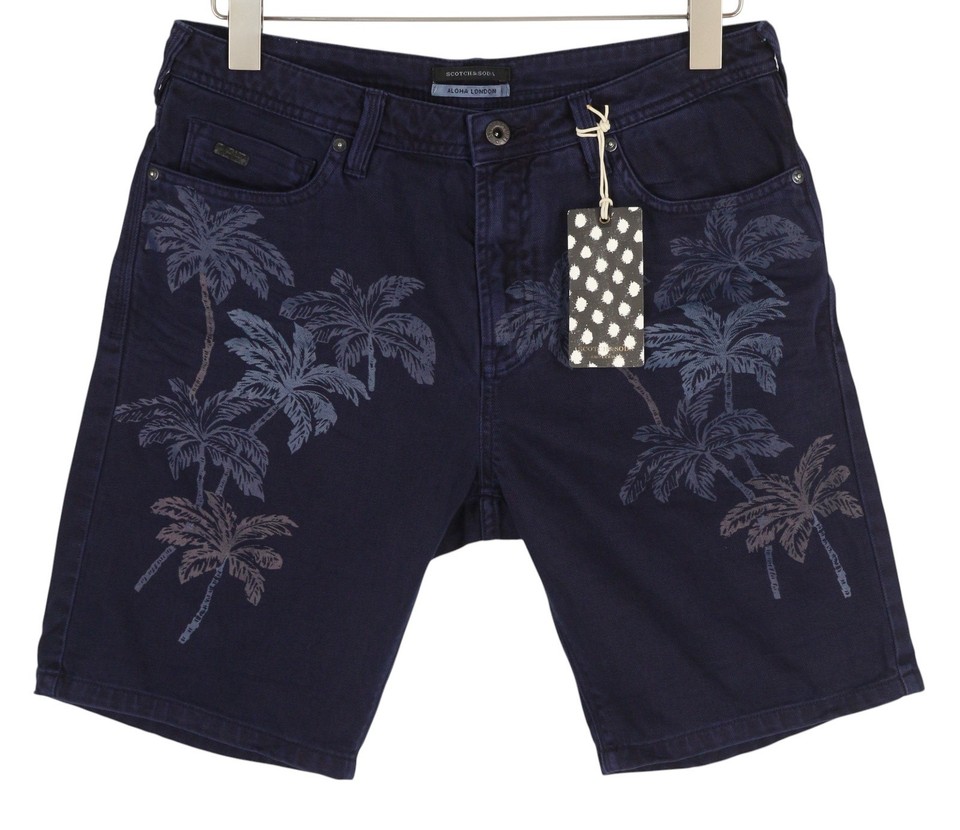SCOTCH & SODA Men Shorts ~W30 Denim Dark Blue Palm Tree Print Zip Fly ...