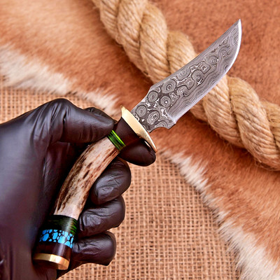 Custom Made Damascus Fix Blade Hunting Skinner Knife Original Stag Antler Handle