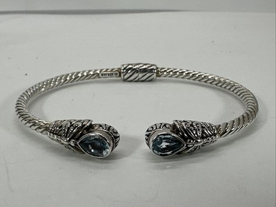 Vintage Ati Topaz 925 Sterling Silver Cable 3.1MM Cuff Bracelet Blue Topaz Tears