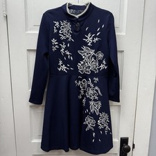 Women’s Navy Embroidered Floral Fit & Flare Dress Lace Back Size M Long Sleeve