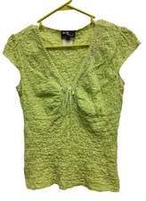 VTG Y2K Fifty Five Rampage Womens Babydoll Top Large Lime Green Lace Crinkle
