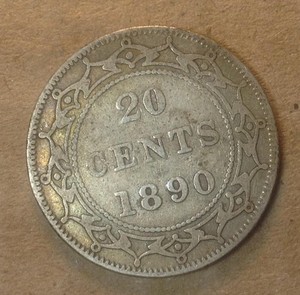 World Coins Old .925 Sterling Silver Canada Newfoundland 20 Cents 1890 VG 100K