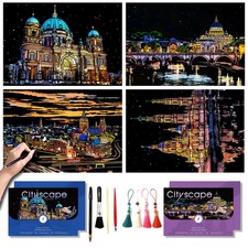 Scratch Art Adults Painting Craft Kit 16x11 Inch Foil Engraving Set 4 Sheets