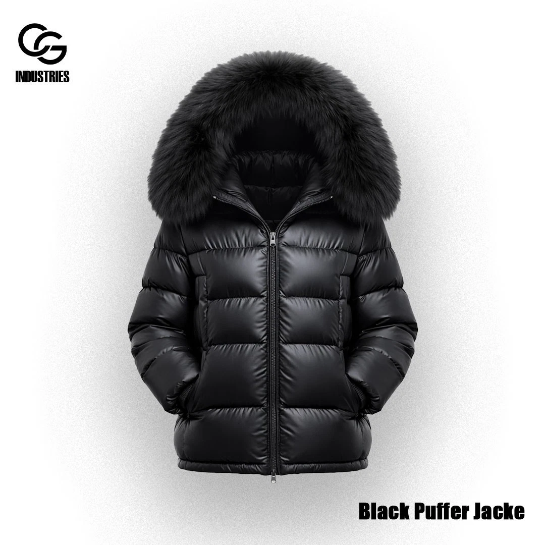 Black Puffer Jacket Fur Hood Quilted Winter Coat Warm Thick Unisex