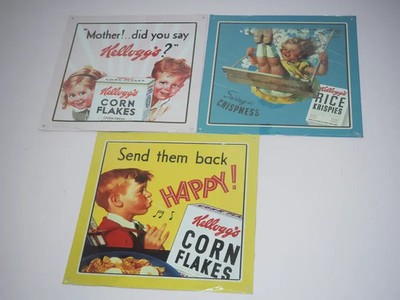Kellogg's Blechschild Set 3tlg Vintage Retro Deko Küche Corn Flakes 21x21cm Neu