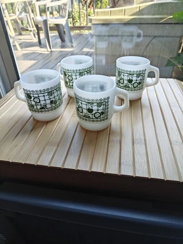 Vtg Anchor Hocking Fire King Milk Glass Green Apple Floral Coffee Mug Cup Set 4
