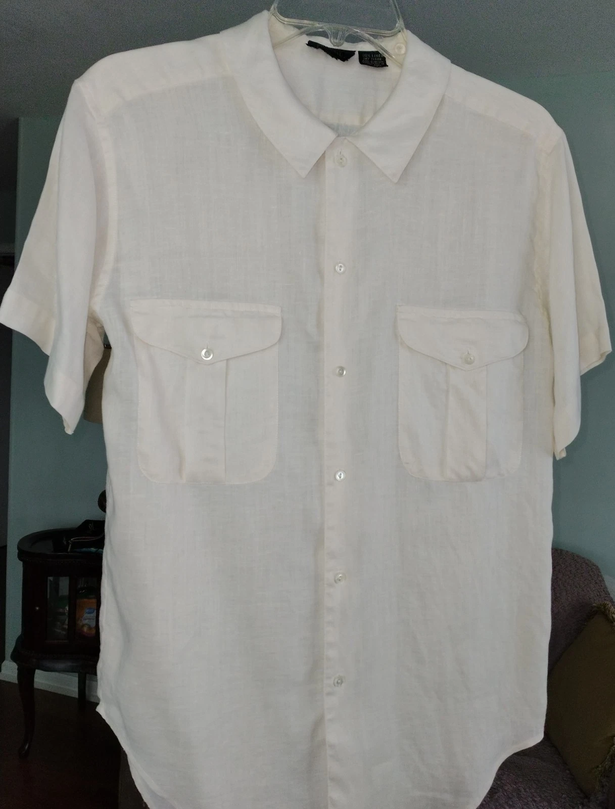 100% linen shirt, size 4, S, luxury, button, collar, short sleeve, creamy