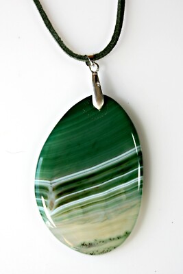 Agate Stone Statement Pendant Necklace Green Semi Sheer Stone White Waves BOHO