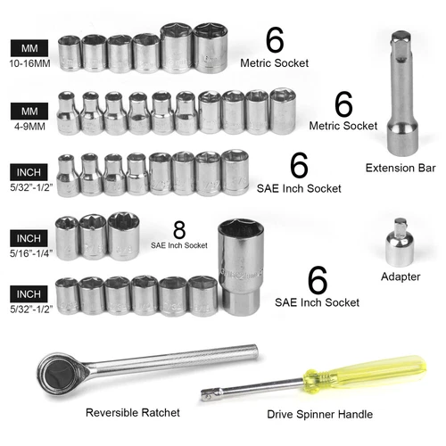 40-Piece Ratchet Wrench Socket Tool Set METRIC/SAE 1/4" & 3/8" Drive w/ Case USA - Picture 3 of 12