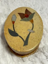 Fetco 3" Oval Soapstone Box with Lid and Floral Design w/ Mother of Pearl Inset