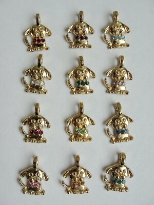 Vintage Birthstone Charm Pendant Goldtone Base Metal Doggie Puppy Rhinestone