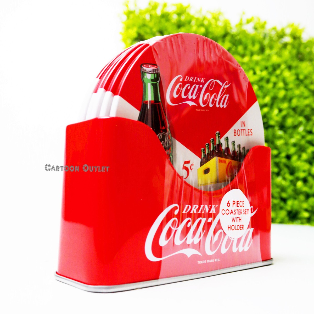 Coke 6 Pc Coaster Set with Standing Metal Holder Red Coca Cola
