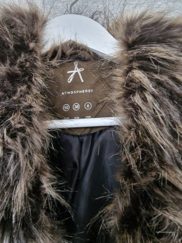 Womens Atmosphere Khaki Parka Coat with Faux Fur Collar Quilted UK 10 - Picture 5 of 5