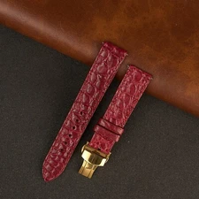 20mm Flat Red Leather Watch Band Crocodile Watch Strap Gold Deployment Buckle