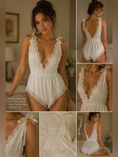 Vintage Night Stars White Lace Teddy Bodysuit Romper Lingerie Small Made in USA