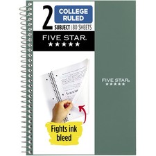 Five Star Spiral Notebook, 2 Subject, College Ruled Paper, 6" x 9-1/2", 80 Sheet