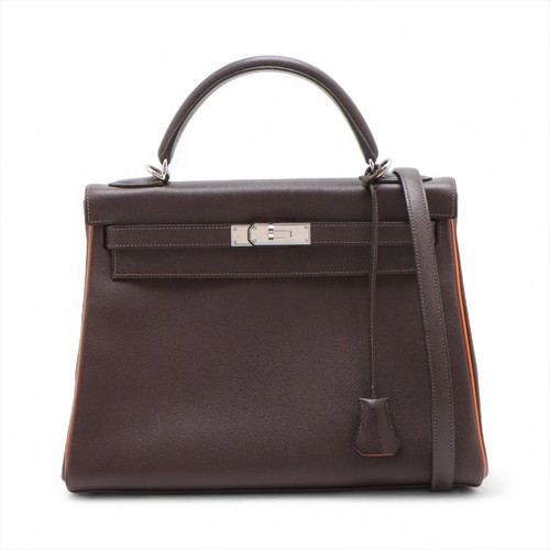 Hermès Kelly 32 Le Tournay Veau Epsom Chocolat x orange Silver Metal Fittings □H