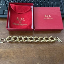 Kenneth Jay Lane KJL Gold Plated Chunky Brutalist Link Bracelet with Jewelry Bag