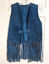 Vintage Blue Suede Long Fringed Vest Fringe Across Back Women's SM Boho Western
