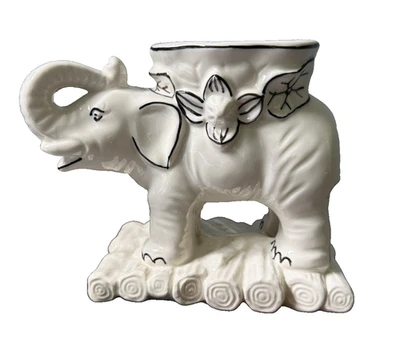 Vintage Japan Elephant Planter White Black Ceramic On Logs 5 7/8" Tall - Image 1 of 4