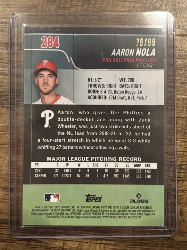 2022 Topps Stadium Club Chrome Aaron Nola 76/99 Foil #284 - Image 2 of 2