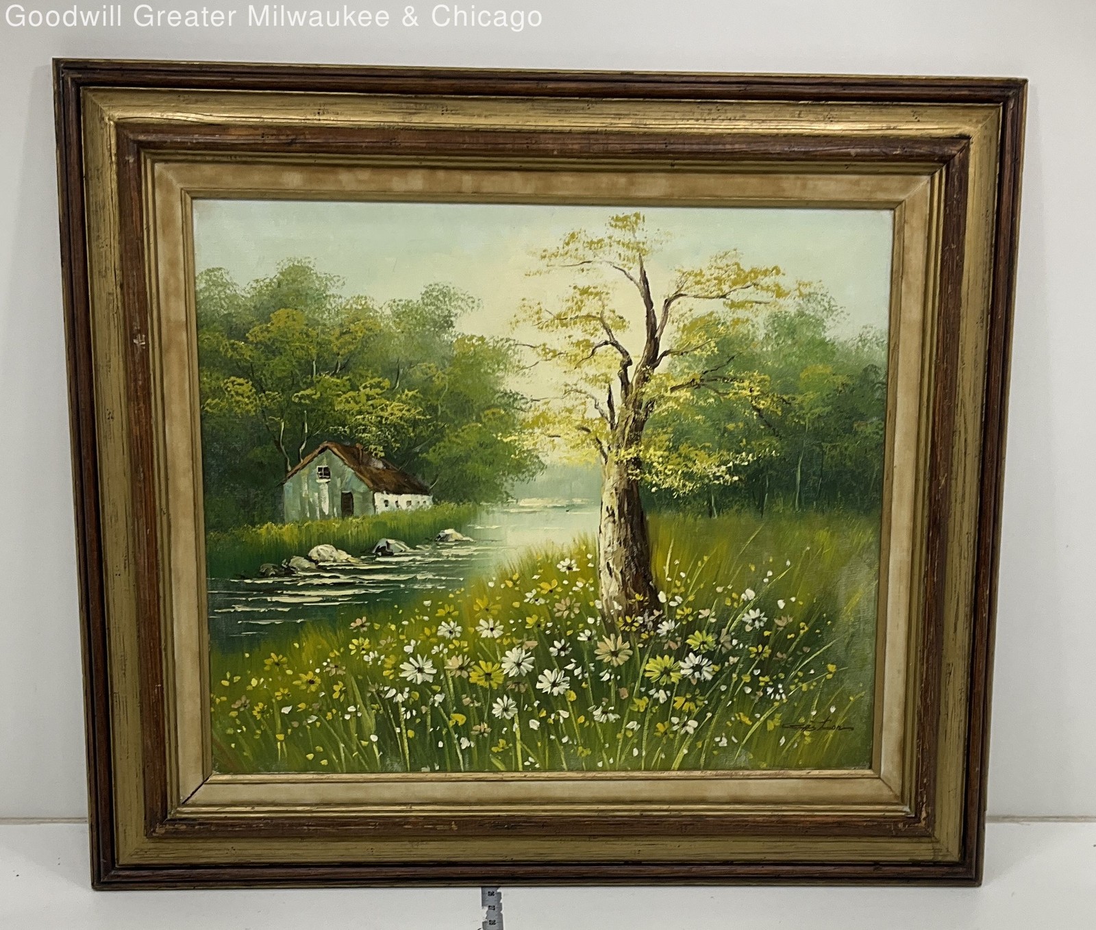 Framed Landscape Painting Barn House Near River Surrounded by Wildflowers
