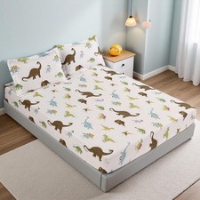 Dinosaur Themed Full Size Bed Sheet Set, 3Pcs, Soft Microfiber, Colorful Dino...
