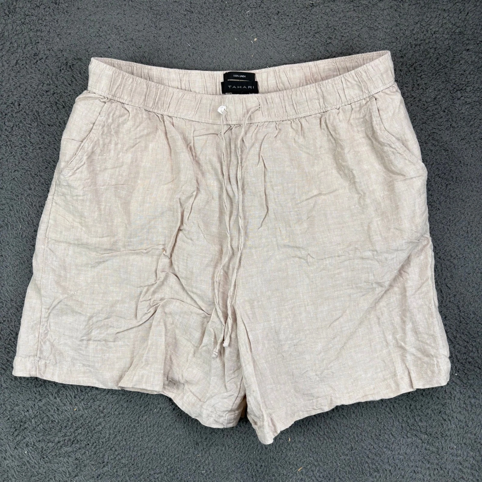 Tahari Womens XL Beige 100% Linen Drawstring Elastic Waist Shorts Casual Summer