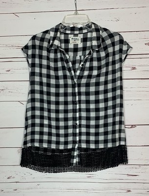 Holding Horses Anthropologie Women's M Medium Black White Plaid Lace Button Top