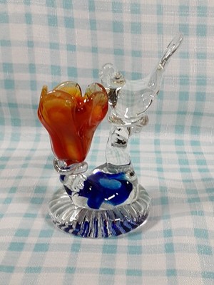 Hand Blown Glass Bird & Orange Flower Art Paperweight-tiny Scratch On Base