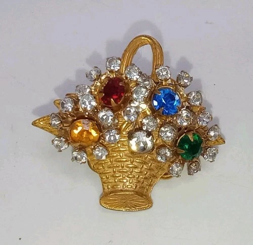 Vintage Miriam Haskell Brooch/ Pin Flower Basket Rhinestones Gold Tone SIGNED