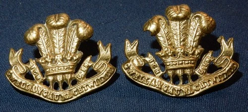 WW1 ERA GENUINE THE WELSH REGIMENT GILT METAL COLLAR BADGE PAIR - WORLD WAR I