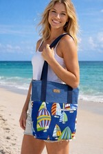 Hand Made Bag Tote Multicolor Ships Beach Denim 0231-5