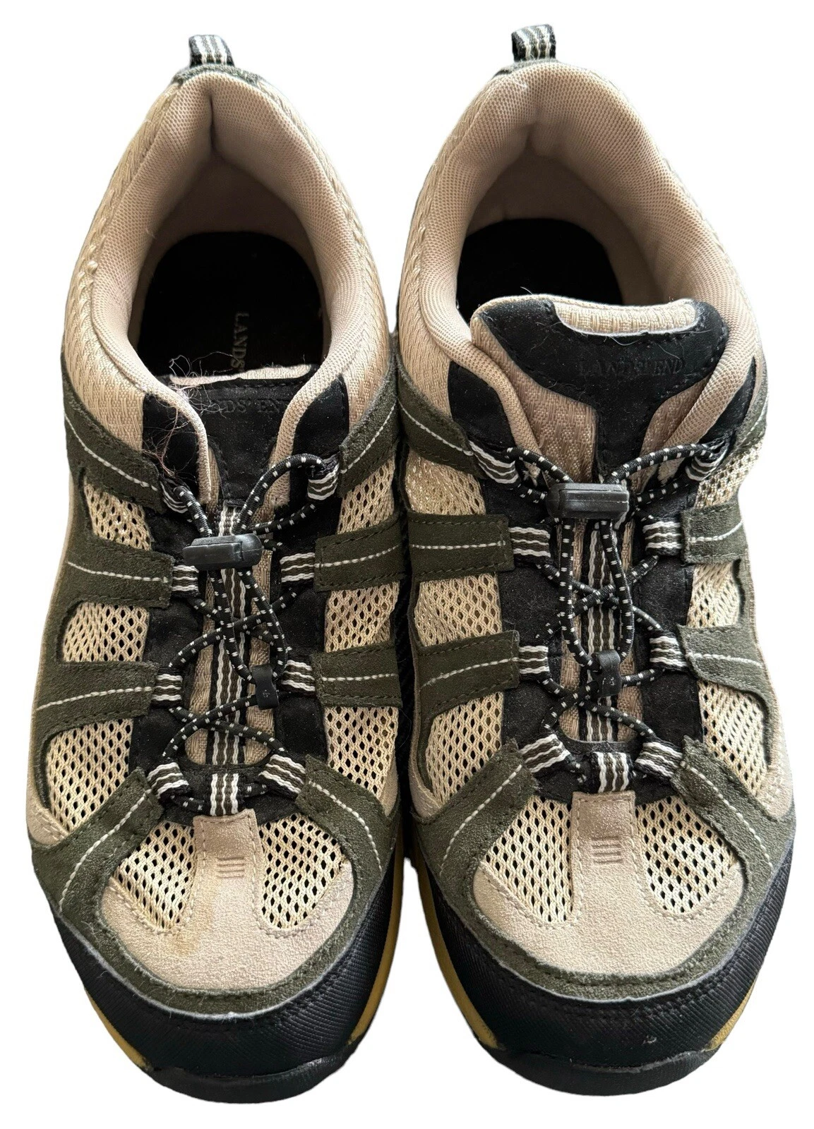 Lands End Trail Hiking Shoes Beige Green Suede Mesh Bungee Laces Men's Size 9.5D
