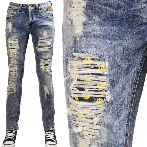 Jeans UOMO pantaloni denim strappi casual SMILE emoticons slim nuovi AD6851  | eBay