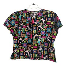 Peaches Size L Scrub Top Black Print With Dragonflies and Pockets Medical Nurse