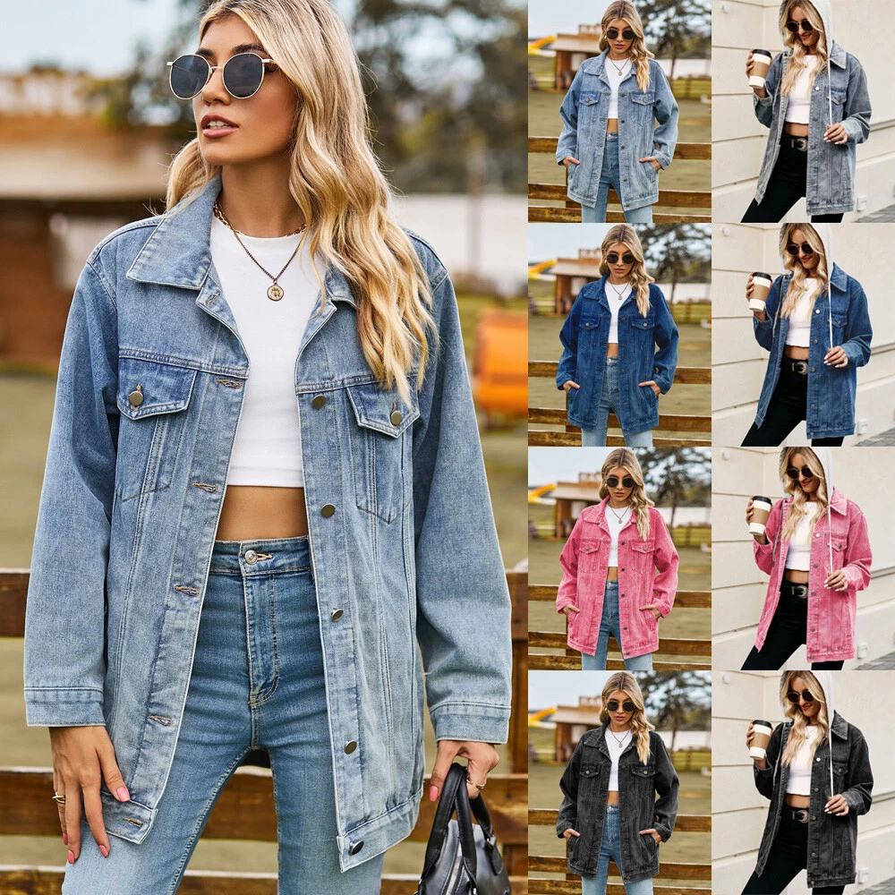 Womens Pokcets Denim Jacket Casual Baggy Biker Jeans Outwear Coat Tops Plus Size