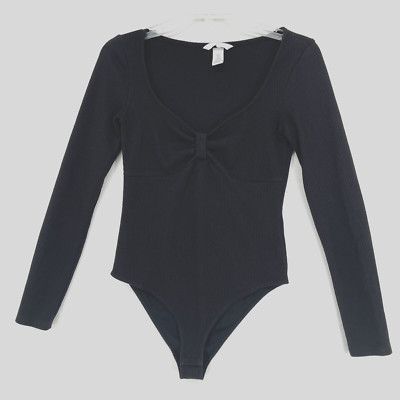 H&M Black Long Sleeve Stretch Knit Ribbed Bodysuit Size S Deep V Gathered Front