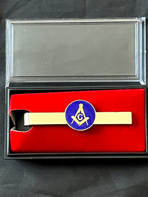 Blue Round Square Compass Master Mason Tie Bar Necktie Gold Color Masonic NEW!