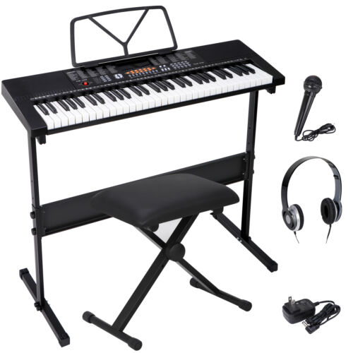 61 Keys Electronic Keyboard Piano w/Stand Stool Microphone Sticker Compact Piano - Afbeelding 1 van 14