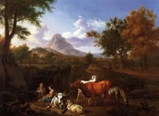 Oil painting Pastoral-Scene-Adriaen-Van-De-Velde-Oil-Painting horse cow sheep