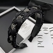 LUXURY HANDMADE BLACK BEADED RHINESTONE HEADBAND HAIR ACCESSORY, BRIDAL OR RACES