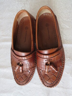 MENS BROWN LEATHER EARTH SHOE SLIP-ON LOAFERS WITH FRINGES  display picture 3
