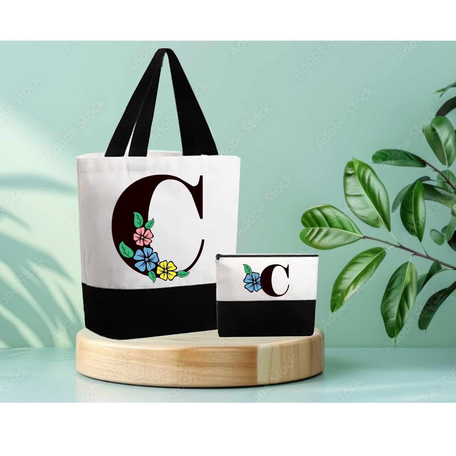 INITIAL TOTE BAG LETTER C or D  FREE MAKEUP BAG  GIFT