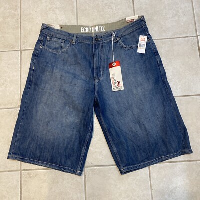 ecko Unltd Shorts Men 42x15 LONG Denim Jorts Hip Hop Y2K Baggy Wide Back Patch B